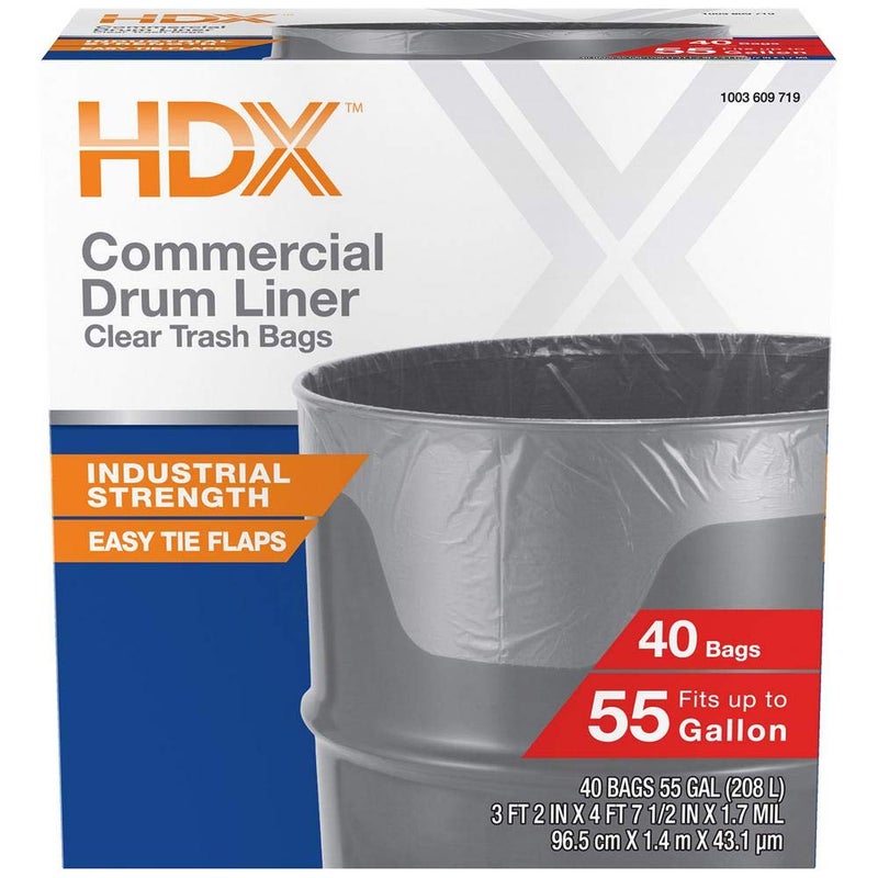 HDX 55 Gallon Clear Heavy-Duty Flap Tie Drum Liner Trash Bags (40-Count) - Image 1